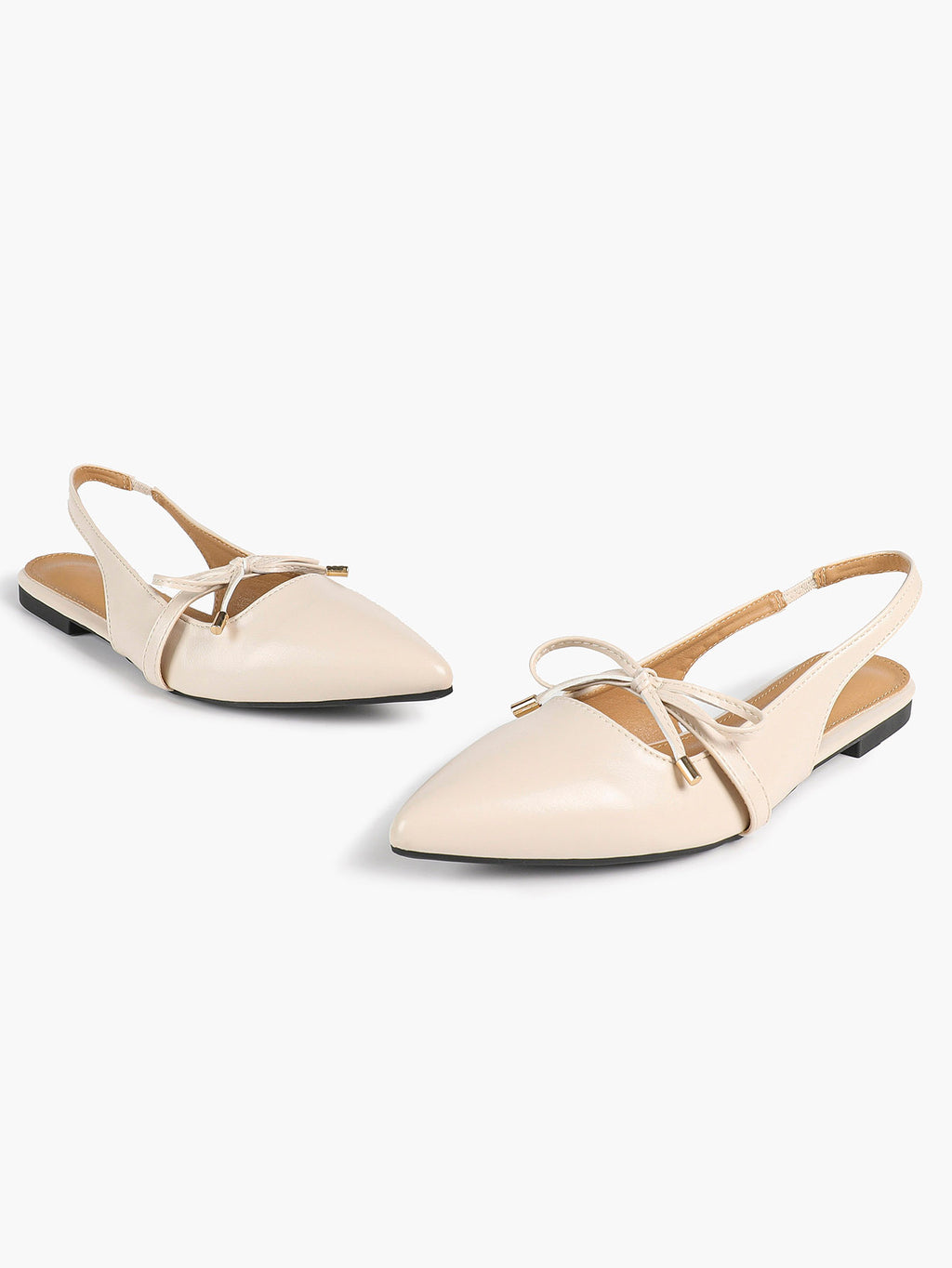 Beige Leather Bow Slingback Flats Pointed Toe Slip On Shoes Work Daily Wear