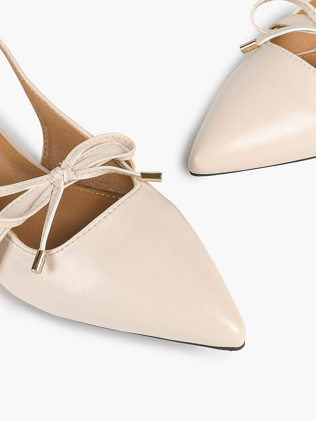 Beige Leather Bow Slingback Flats Pointed Toe Slip On Shoes Work Daily Wear