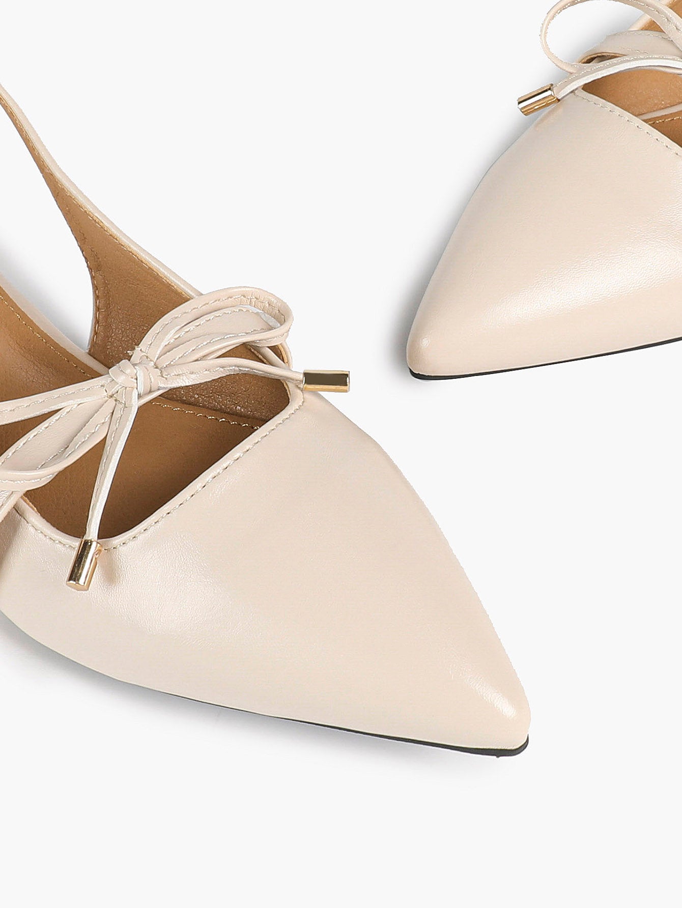 Beige Leather Bow Slingback Flats Pointed Toe Slip On Shoes Work Daily Wear