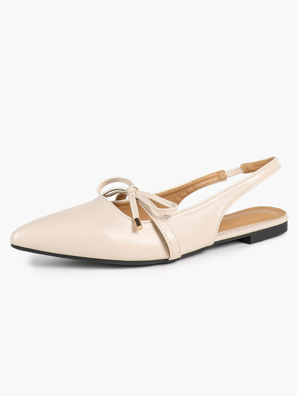 Beige Leather Bow Slingback Flats Pointed Toe Slip On Shoes Work Daily Wear