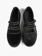 Women's Black Velvet Double-Strap Mary Jane Flats Pointed Toe Slip On Shoes Casual Shoes ISHIFIVAN