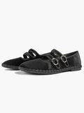 Women's Black Velvet Double-Strap Mary Jane Flats Pointed Toe Slip On Shoes Casual Shoes ISHIFIVAN