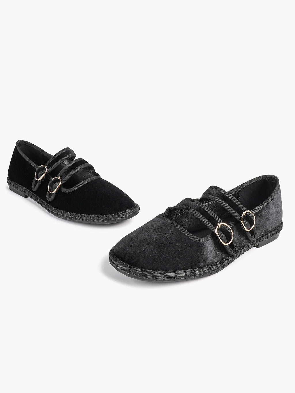 Women's Black Velvet Double-Strap Mary Jane Flats Pointed Toe Slip On Shoes Casual Shoes ISHIFIVAN