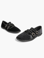 Women's Black Velvet Double-Strap Mary Jane Flats Pointed Toe Slip On Shoes Casual Shoes ISHIFIVAN