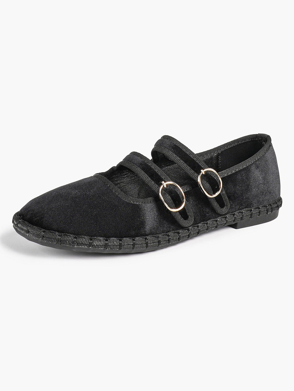Women's Black Velvet Double-Strap Mary Jane Flats Pointed Toe Slip On Shoes Casual Shoes ISHIFIVAN