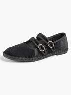 Women's Black Velvet Double-Strap Mary Jane Flats Pointed Toe Slip On Shoes Casual Shoes ISHIFIVAN