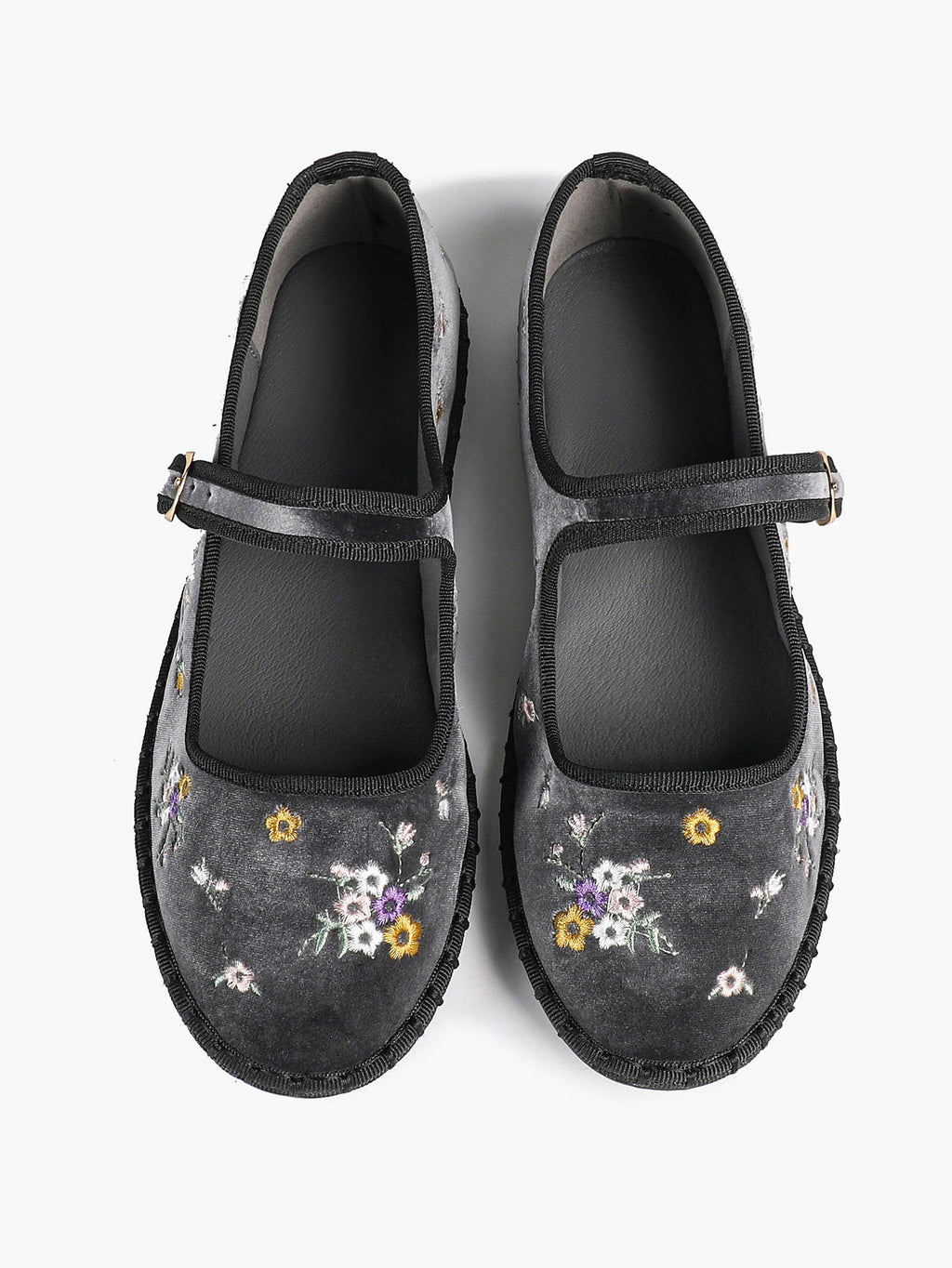 Grey Velvet Floral Embroidered Mary Jane Flats Vintage Slip On Shoes Casual Shoes ISHIFIVAN