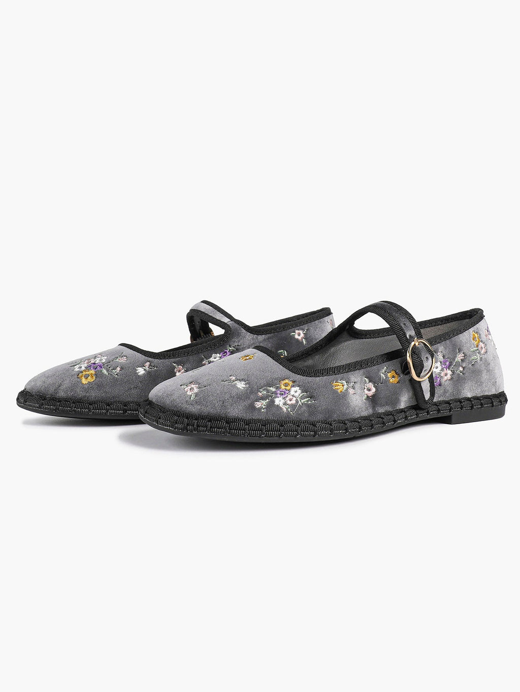 Grey Velvet Floral Embroidered Mary Jane Flats Vintage Slip On Shoes Casual Shoes ISHIFIVAN