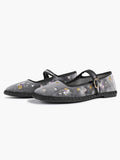 Grey Velvet Floral Embroidered Mary Jane Flats Vintage Slip On Shoes Casual Shoes ISHIFIVAN