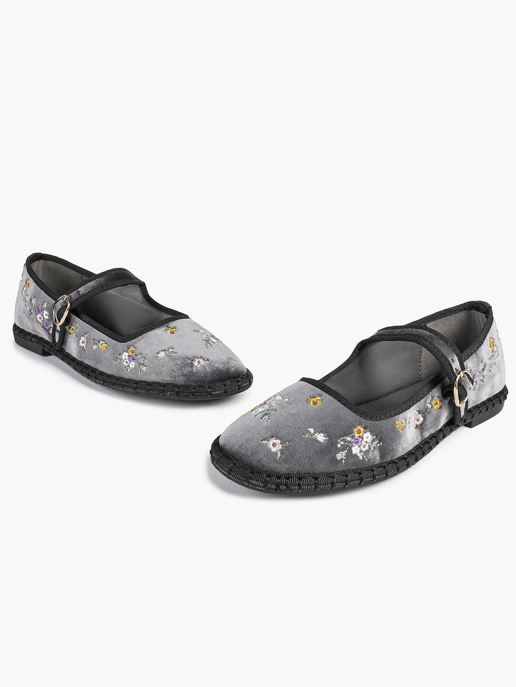 Grey Velvet Floral Embroidered Mary Jane Flats Vintage Slip On Shoes Casual Shoes ISHIFIVAN
