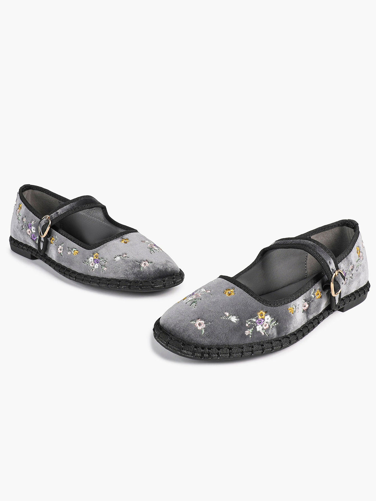 Grey Velvet Floral Embroidered Mary Jane Flats Vintage Slip On Shoes Casual Shoes ISHIFIVAN