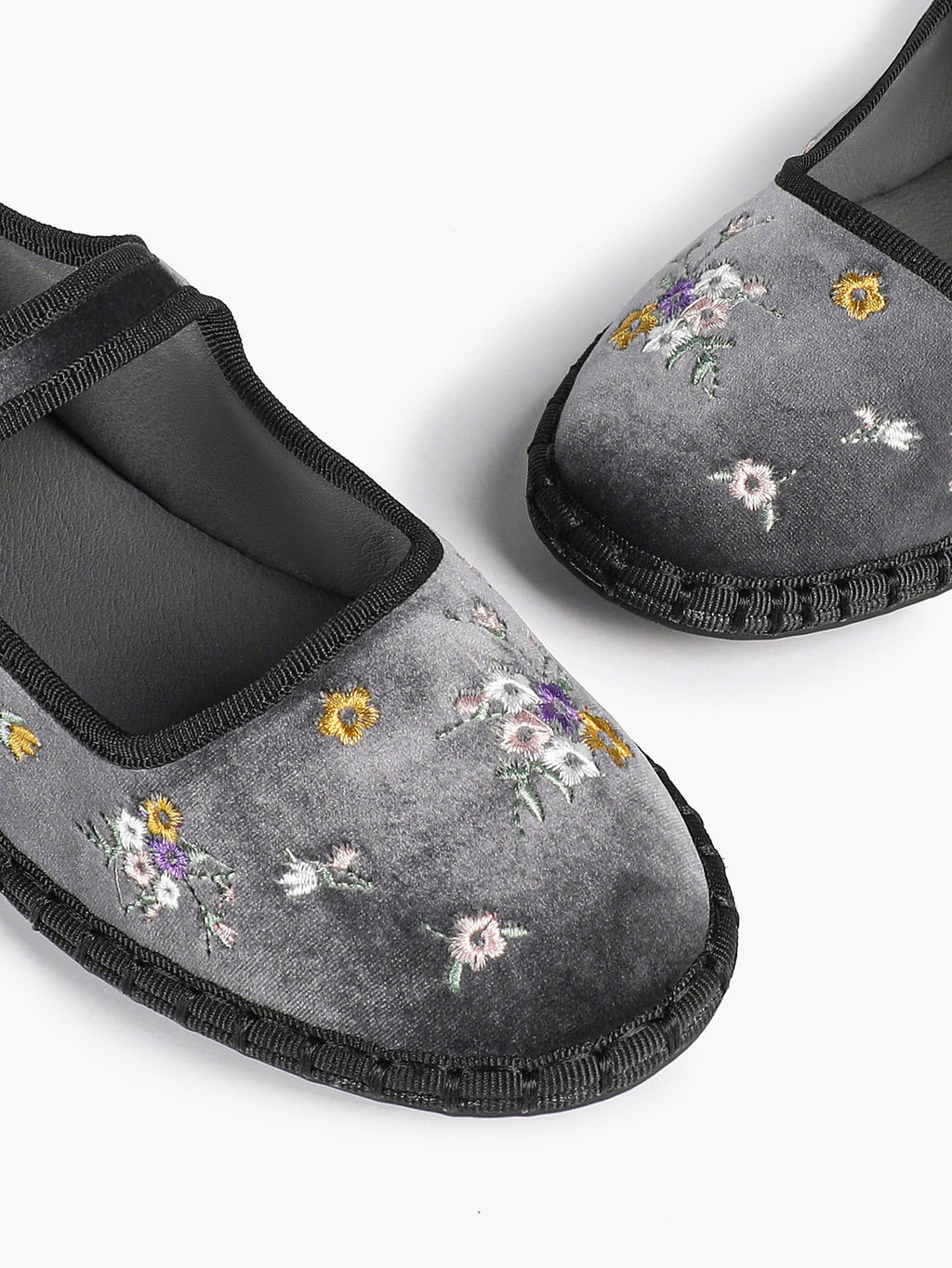 Grey Velvet Floral Embroidered Mary Jane Flats Vintage Slip On Shoes Casual Shoes ISHIFIVAN