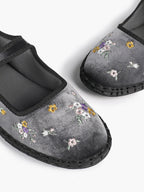 Grey Velvet Floral Embroidered Mary Jane Flats Vintage Slip On Shoes Casual Shoes ISHIFIVAN