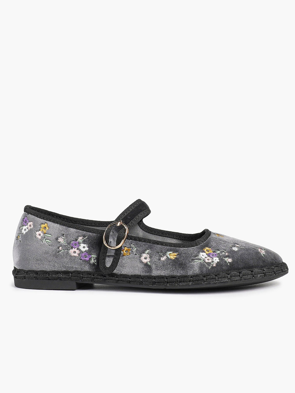 Grey Velvet Floral Embroidered Mary Jane Flats Vintage Slip On Shoes Casual Shoes ISHIFIVAN