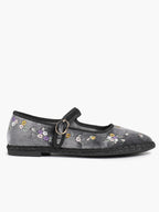 Grey Velvet Floral Embroidered Mary Jane Flats Vintage Slip On Shoes Casual Shoes ISHIFIVAN