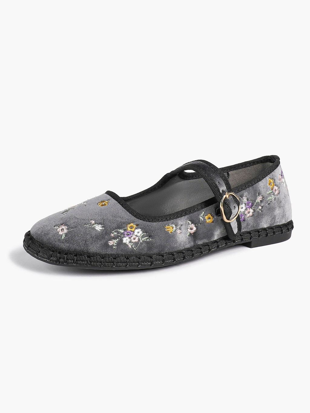 Grey Velvet Floral Embroidered Mary Jane Flats Vintage Slip On Shoes Casual Shoes ISHIFIVAN