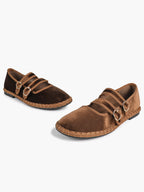 Women's Black Velvet Double-Strap Mary Jane Flats Pointed Toe Slip On Shoes Casual Shoes ISHIFIVAN