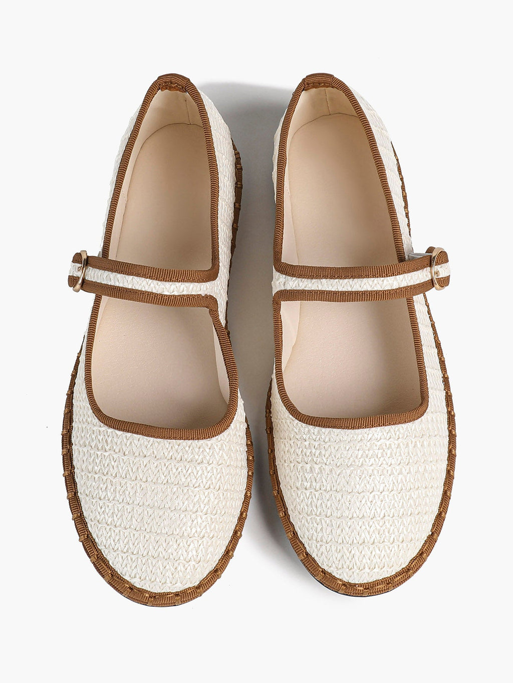 Women's Woven Mary Jane Flats Brown Trim Slip On Shoes Vacation Dailywear Shoes ISHIFIVAN