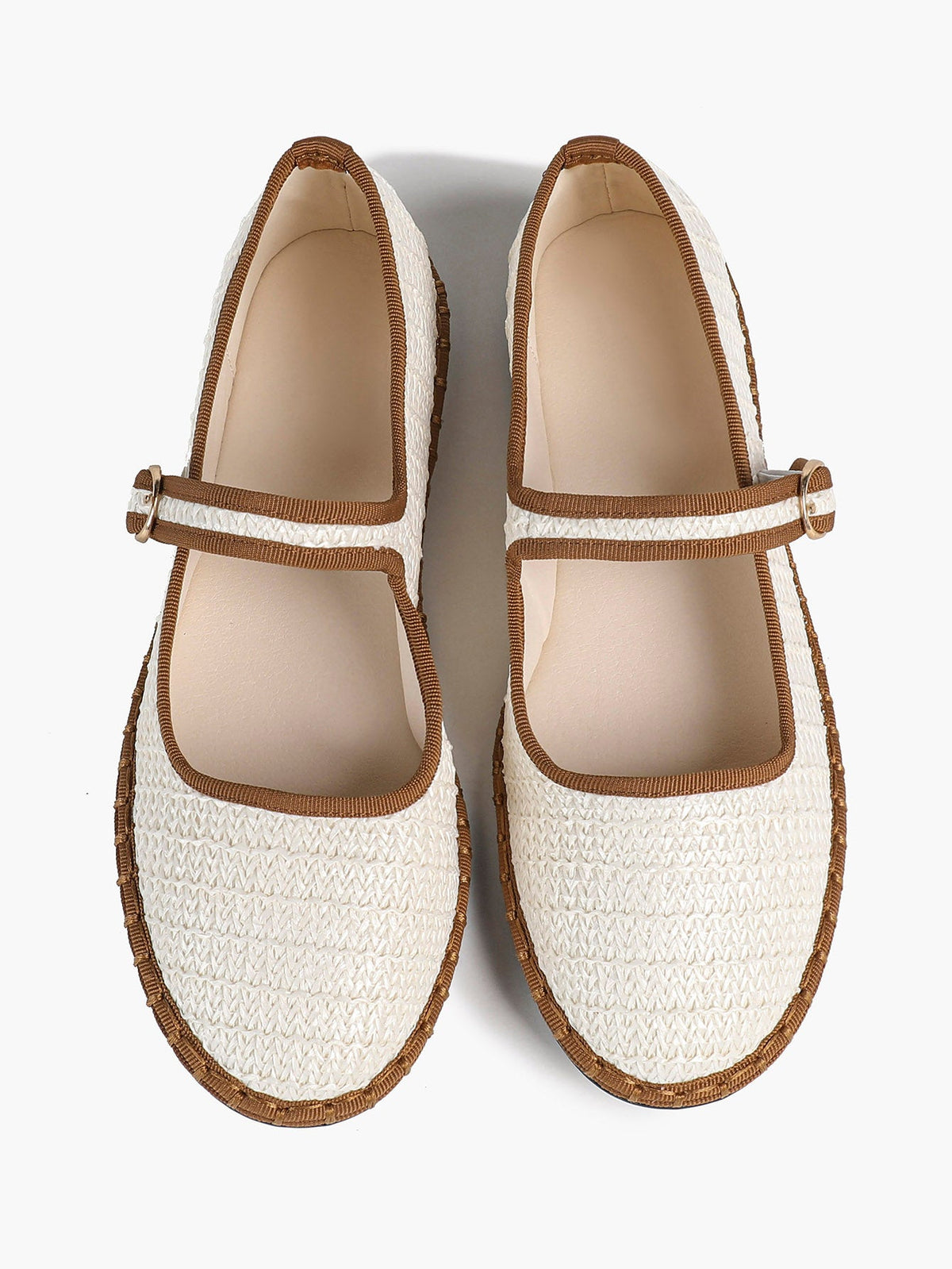 Women's Woven Mary Jane Flats Brown Trim Slip On Shoes Vacation Dailywear Shoes ISHIFIVAN