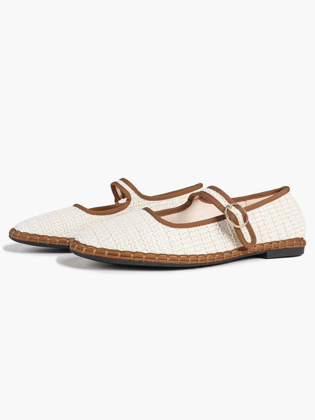 Women's Woven Mary Jane Flats Brown Trim Slip On Shoes Vacation Dailywear Shoes ISHIFIVAN
