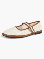 Women's Woven Mary Jane Flats Brown Trim Slip On Shoes Vacation Dailywear Shoes ISHIFIVAN