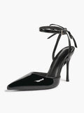 White Bow Ankle Strap Heels Pointed Toe Stiletto Pumps with Adjustable Buckle Engagement Party Office Shoes
