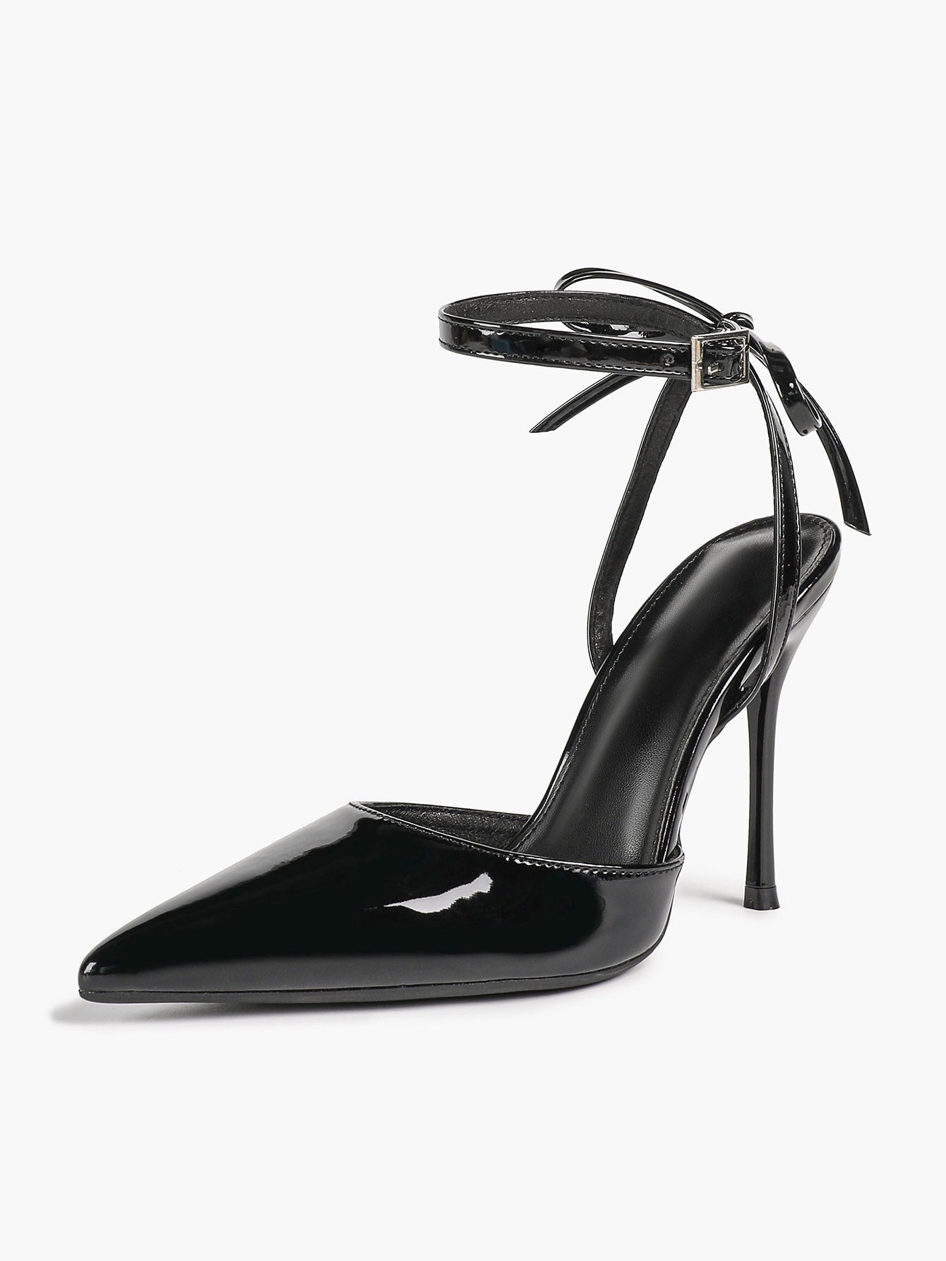 White Bow Ankle Strap Heels Pointed Toe Stiletto Pumps with Adjustable Buckle Engagement Party Office Shoes
