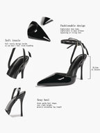 White Bow Ankle Strap Heels Pointed Toe Stiletto Pumps with Adjustable Buckle Engagement Party Office Shoes