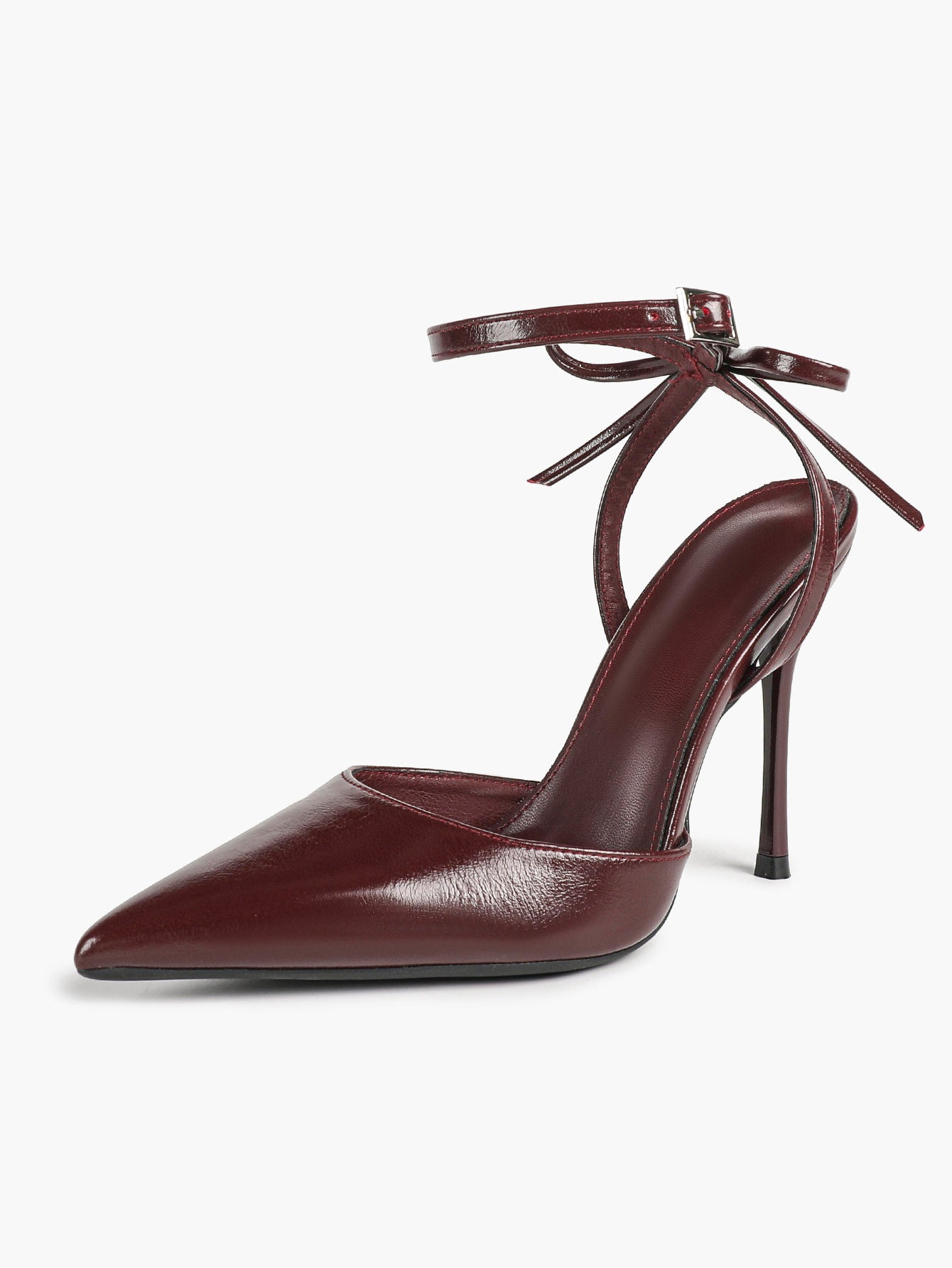 White Bow Ankle Strap Heels Pointed Toe Stiletto Pumps with Adjustable Buckle Engagement Party Office Shoes