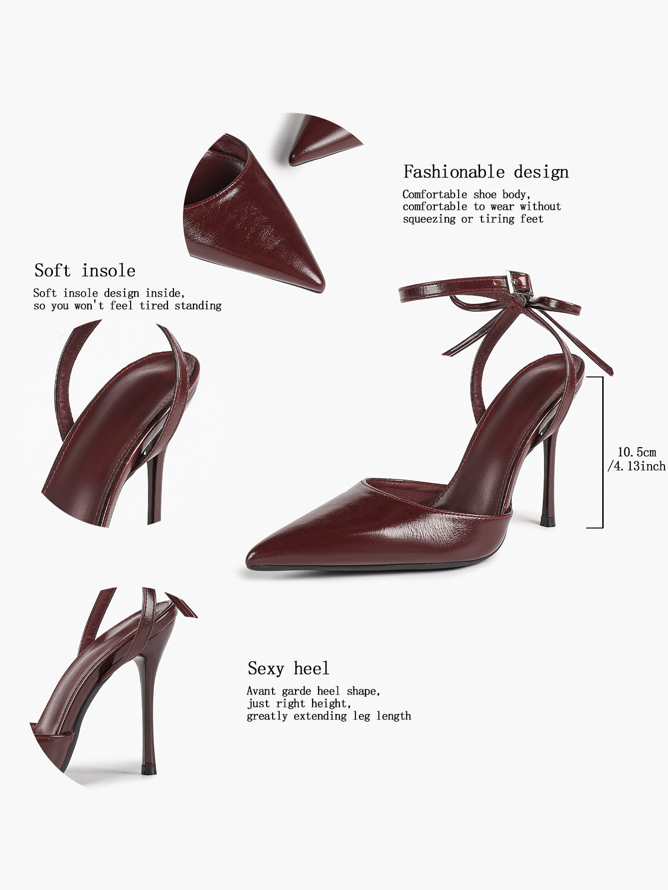 White Bow Ankle Strap Heels Pointed Toe Stiletto Pumps with Adjustable Buckle Engagement Party Office Shoes