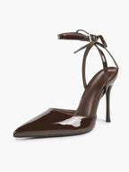 White Bow Ankle Strap Heels Pointed Toe Stiletto Pumps with Adjustable Buckle Engagement Party Office Shoes
