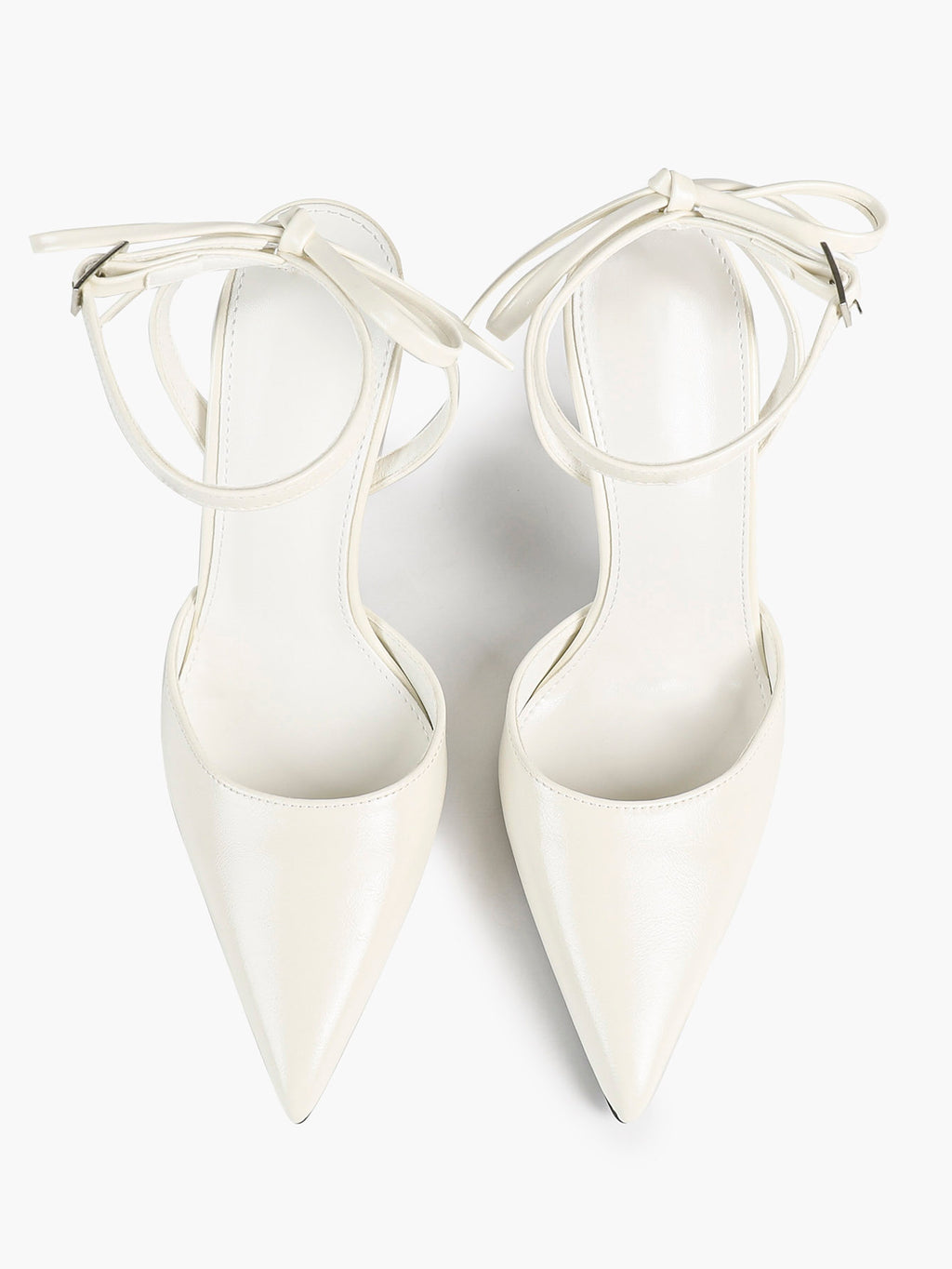 White Bow Ankle Strap Heels Pointed Toe Stiletto Pumps with Adjustable Buckle Engagement Party Office Shoes