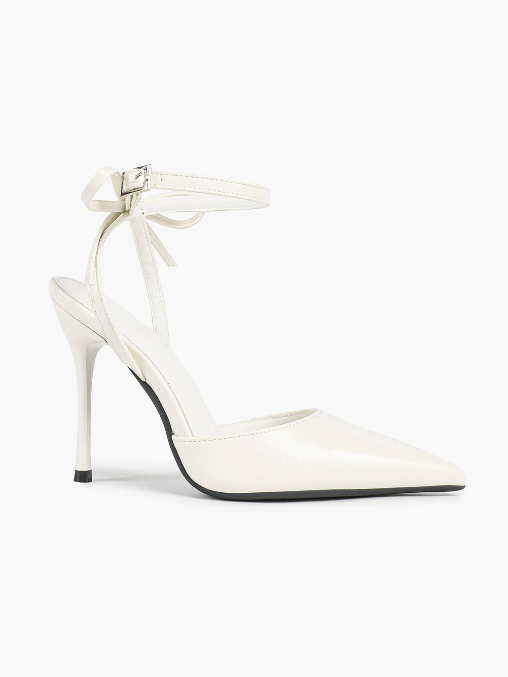 White Bow Ankle Strap Heels Pointed Toe Stiletto Pumps with Adjustable Buckle Engagement Party Office Shoes