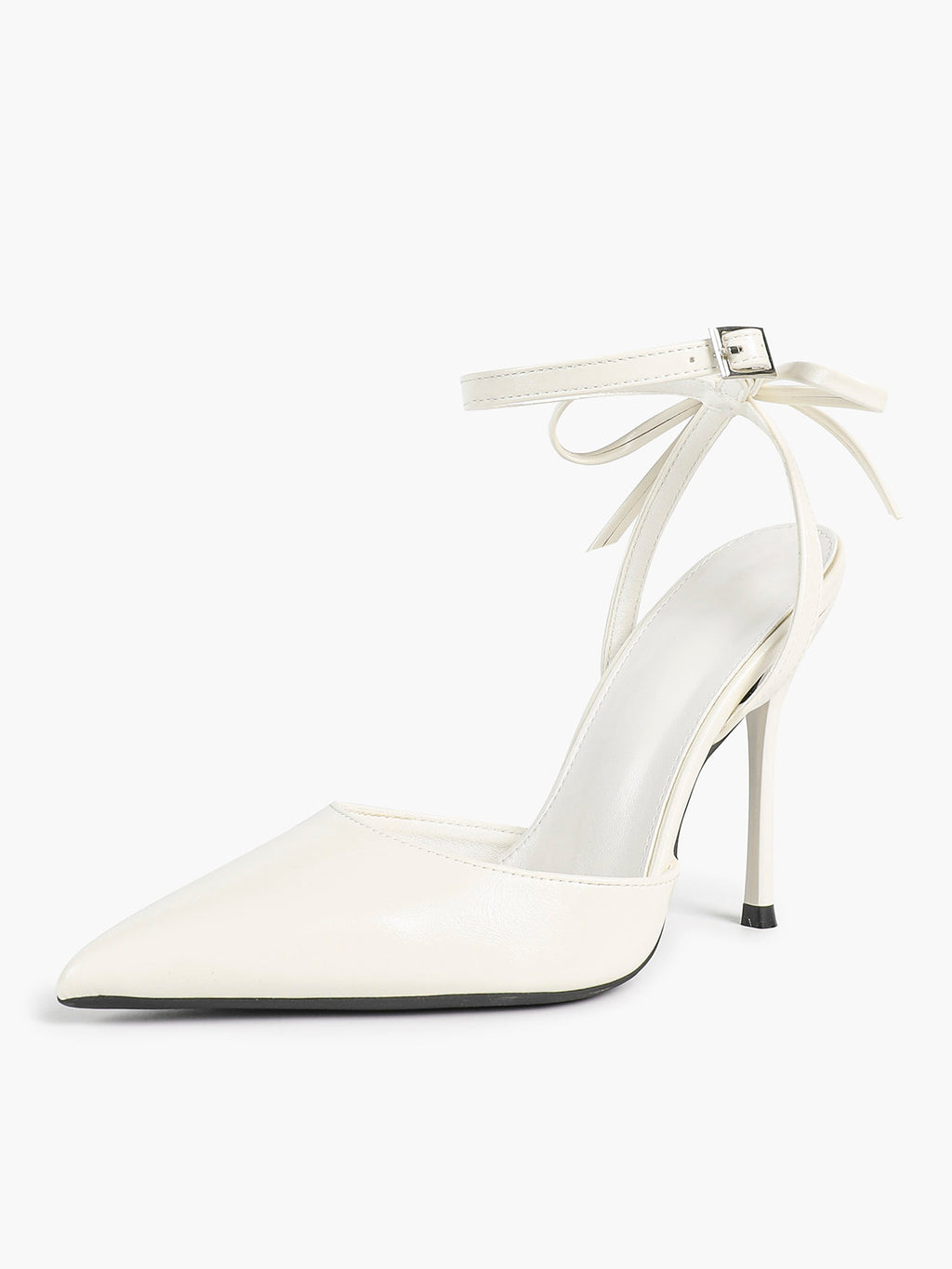 White Bow Ankle Strap Heels Pointed Toe Stiletto Pumps with Adjustable Buckle Engagement Party Office Shoes