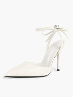 White Bow Ankle Strap Heels Pointed Toe Stiletto Pumps with Adjustable Buckle Engagement Party Office Shoes