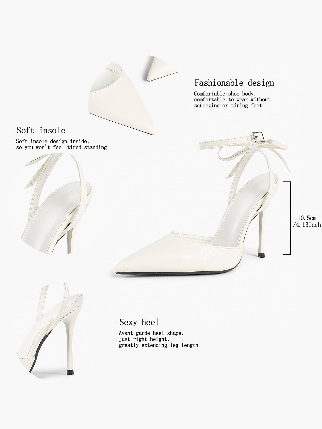 White Bow Ankle Strap Heels Pointed Toe Stiletto Pumps with Adjustable Buckle Engagement Party Office Shoes