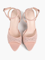 Pink Lace Ankle Strap Sandals Flared Block Heel for Summer Holiday and Casual Daily Wear