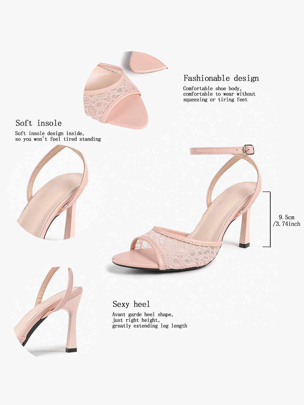 Pink Lace Ankle Strap Sandals Flared Block Heel for Summer Holiday and Casual Daily Wear