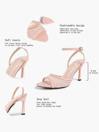 Pink Lace Ankle Strap Sandals Flared Block Heel for Summer Holiday and Casual Daily Wear