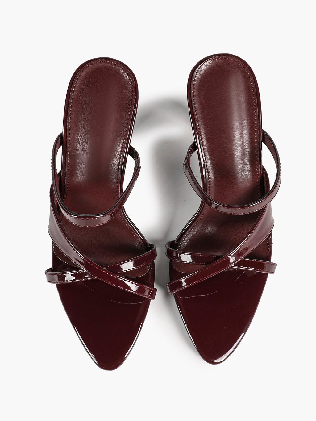 Women's Burgundy Crisscross Strap Mule Sandals Open Toe Stiletto Heels Slip‑On Shoes for Party Daily Date Night