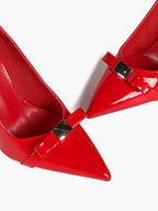 Red Pointed Toe Stiletto Pumps Metal Bow Decor High Heel Slip‑on Heels for Party Evening