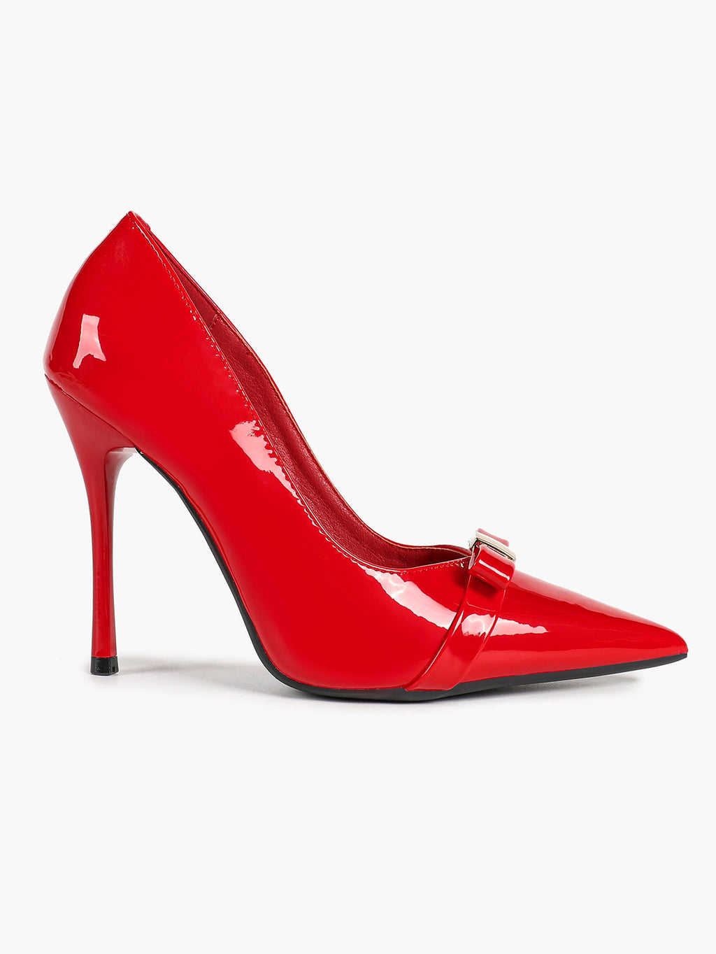 Red Pointed Toe Stiletto Pumps Metal Bow Decor High Heel Slip‑on Heels for Party Evening