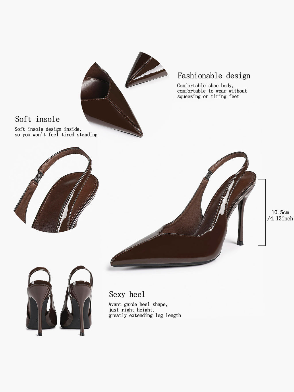 Pointed Toe Slingback Heels Patent Leather Sleek Stilettos Office Formal Event