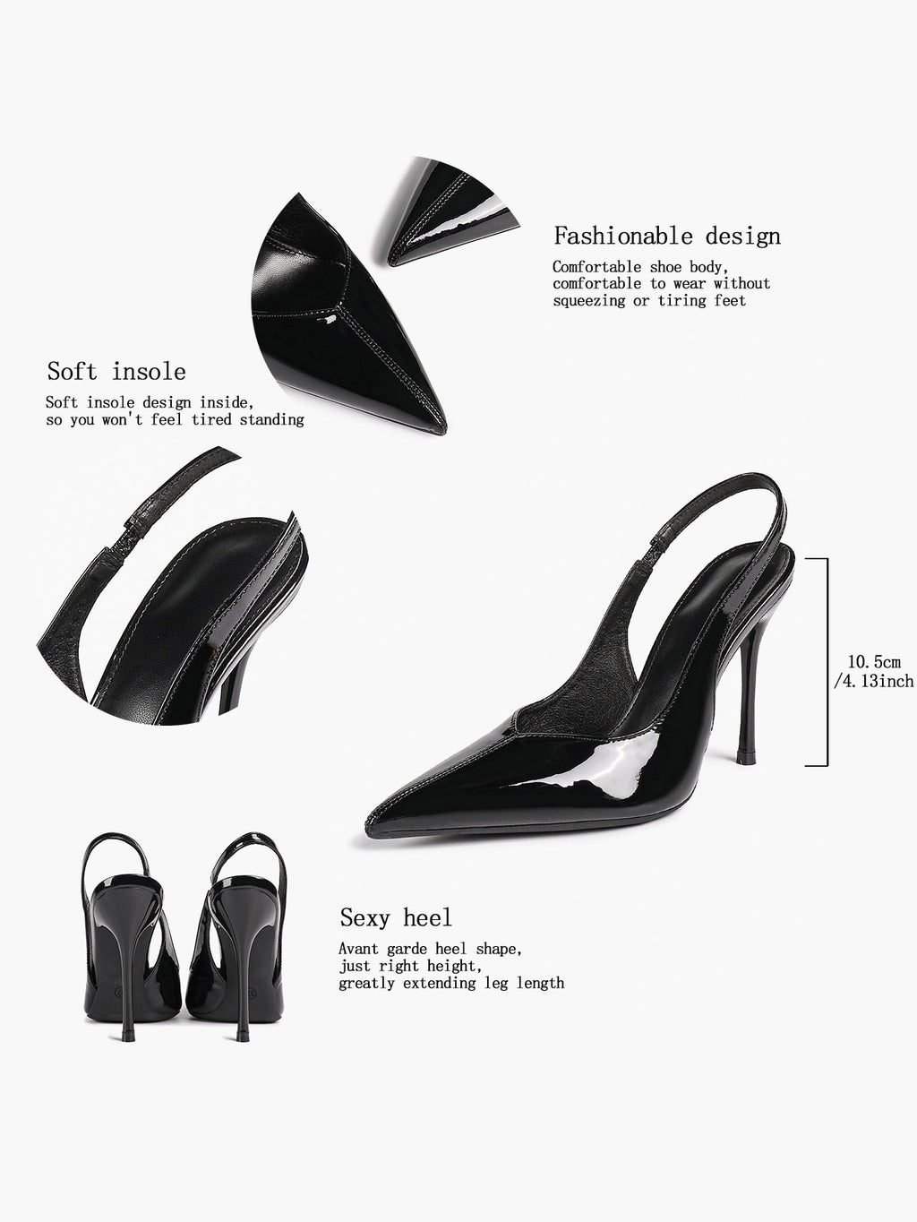 Pointed Toe Slingback Heels Patent Leather Sleek Stilettos Office Formal Event