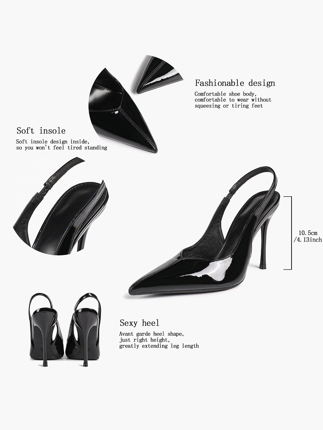 Pointed Toe Slingback Heels Patent Leather Sleek Stilettos Office Formal Event