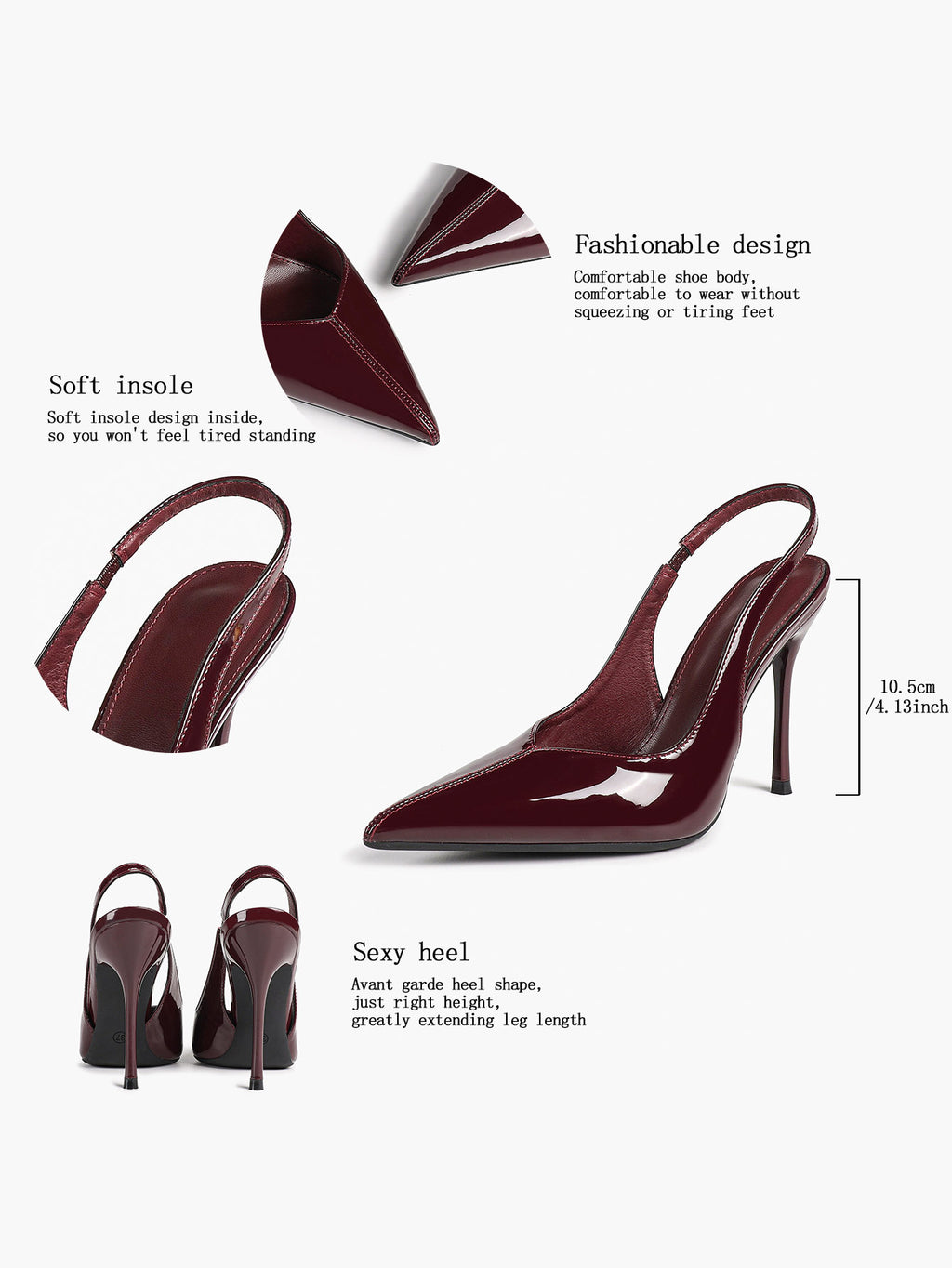 Pointed Toe Slingback Heels Patent Leather Sleek Stilettos Office Formal Event