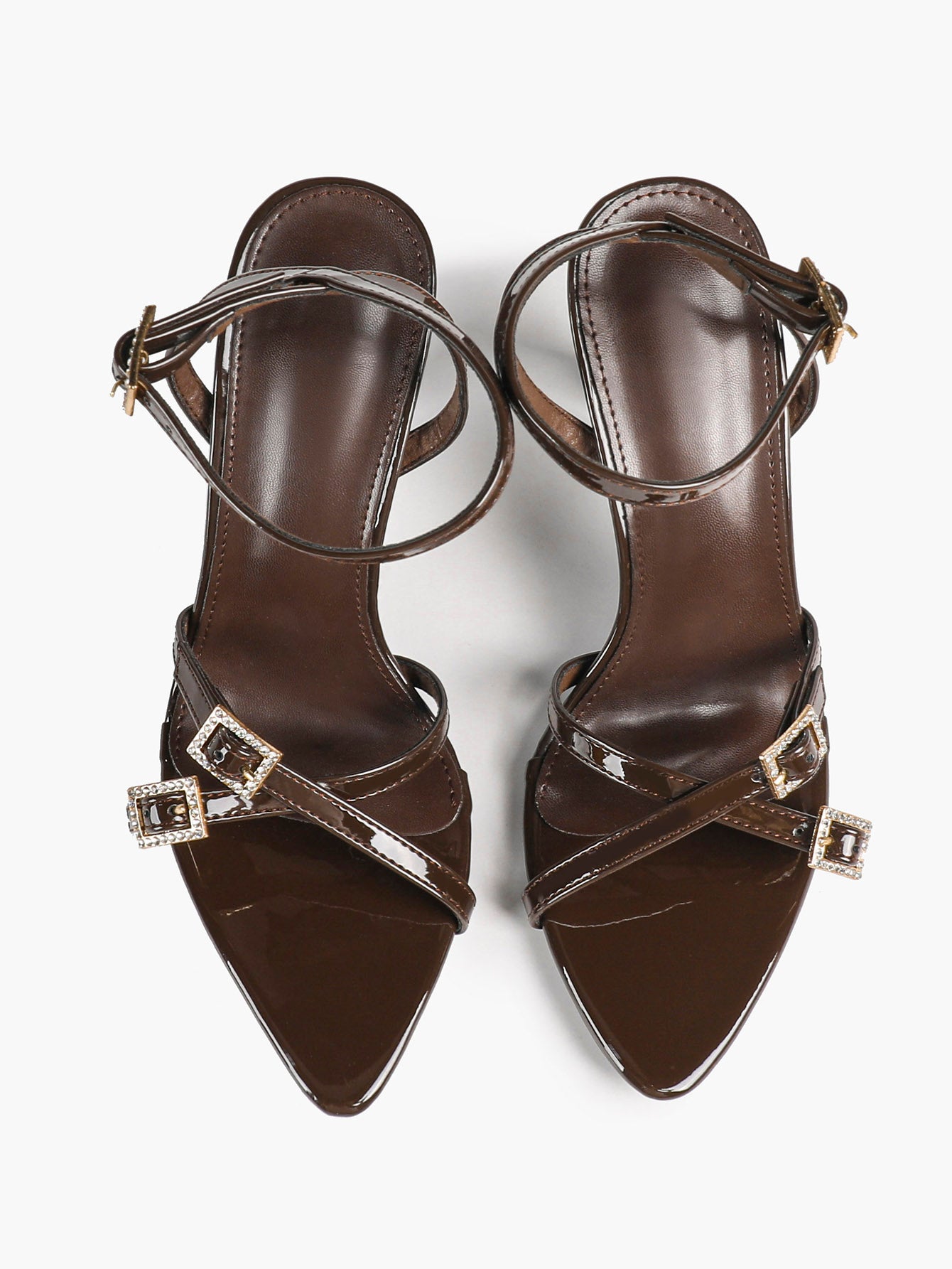 Women's Rhinestone Buckle Heeled Sandals Pointed Toe Ankle Strap Block Heels Night Out Party