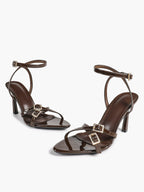 Women's Rhinestone Buckle Heeled Sandals Pointed Toe Ankle Strap Block Heels Night Out Party
