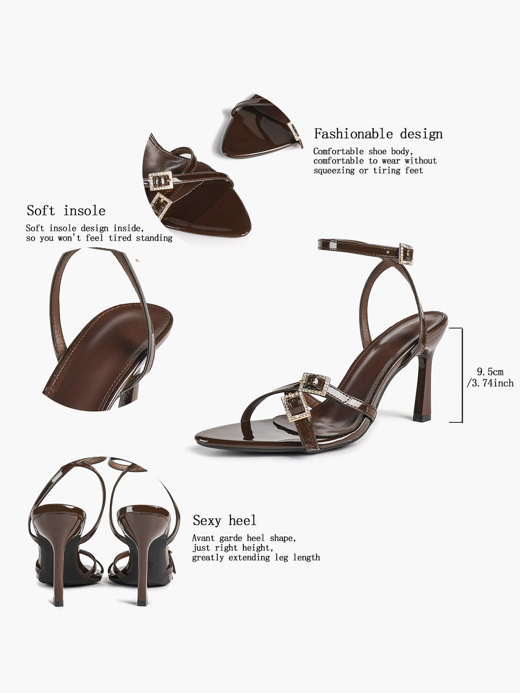 Women's Rhinestone Buckle Heeled Sandals Pointed Toe Ankle Strap Block Heels Night Out Party