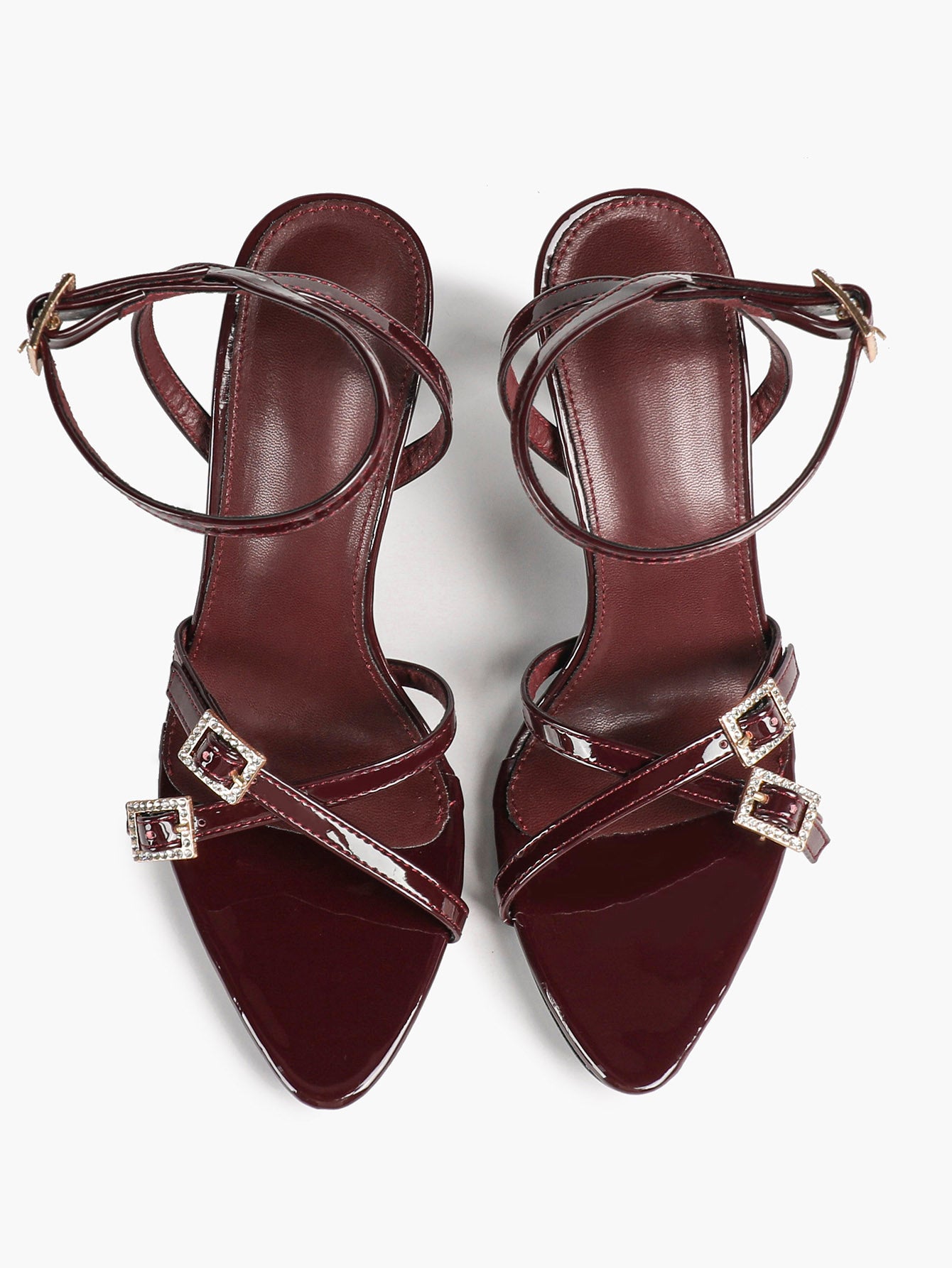 Women's Rhinestone Buckle Heeled Sandals Pointed Toe Ankle Strap Block Heels Night Out Party